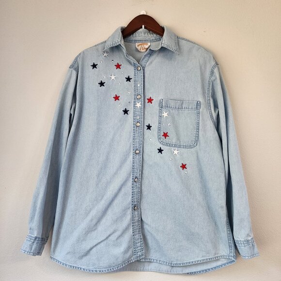 Vtg TIA Women Chambray Button DownShirt Long Sleeve Embroidered 2X Beaded Cotton - Picture 1 of 15